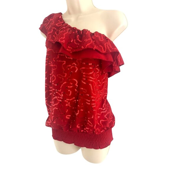 Red Double Ruffle Sequins One-Shoulder Blouson Top Blouse Shirt‎ Size Medium - Picture 2 of 6